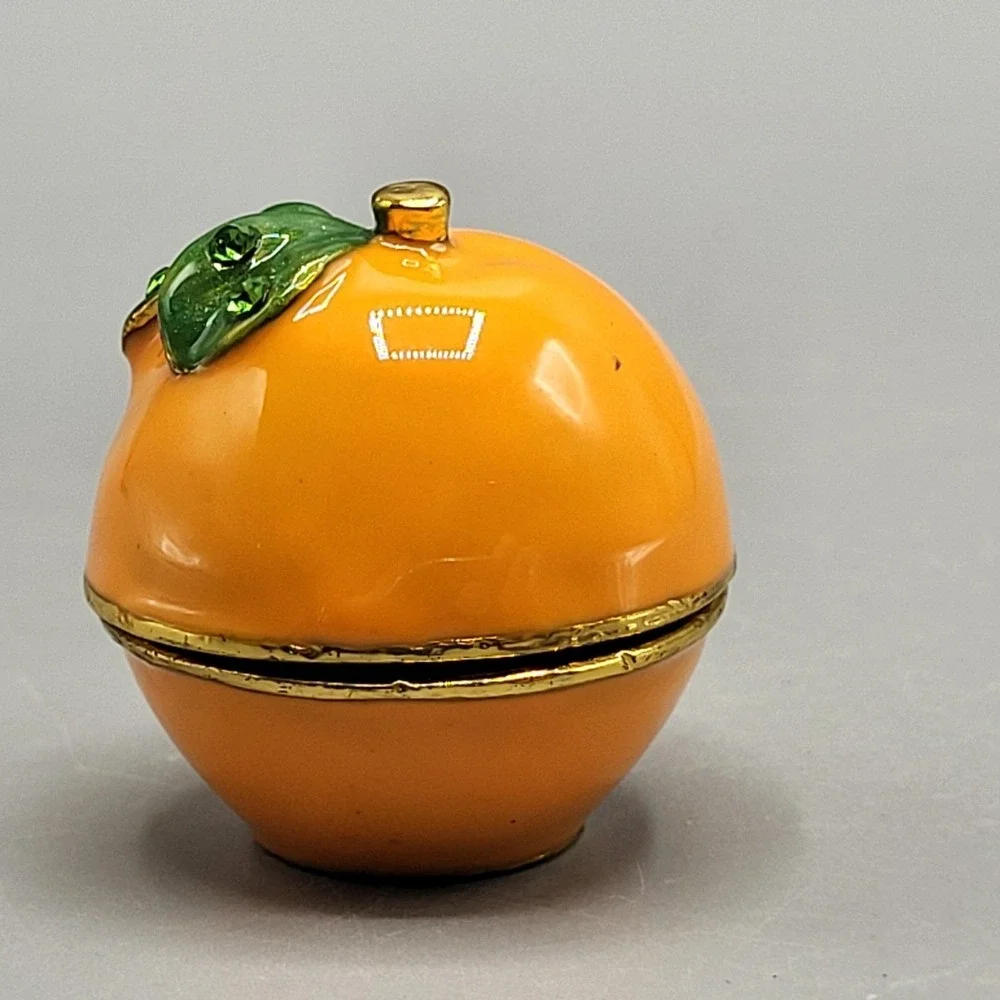Work of Art Trinket Box Small Enameled Fruit Citrus Orange Home Shelf Decor